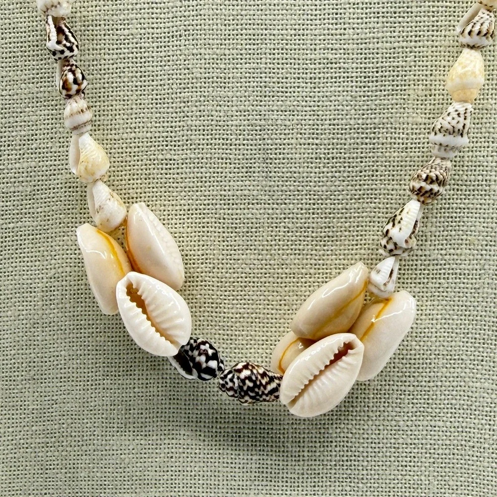 Cream Brown Cowrie Seashell Long Necklace Coastal Boho Beach Statement Gift